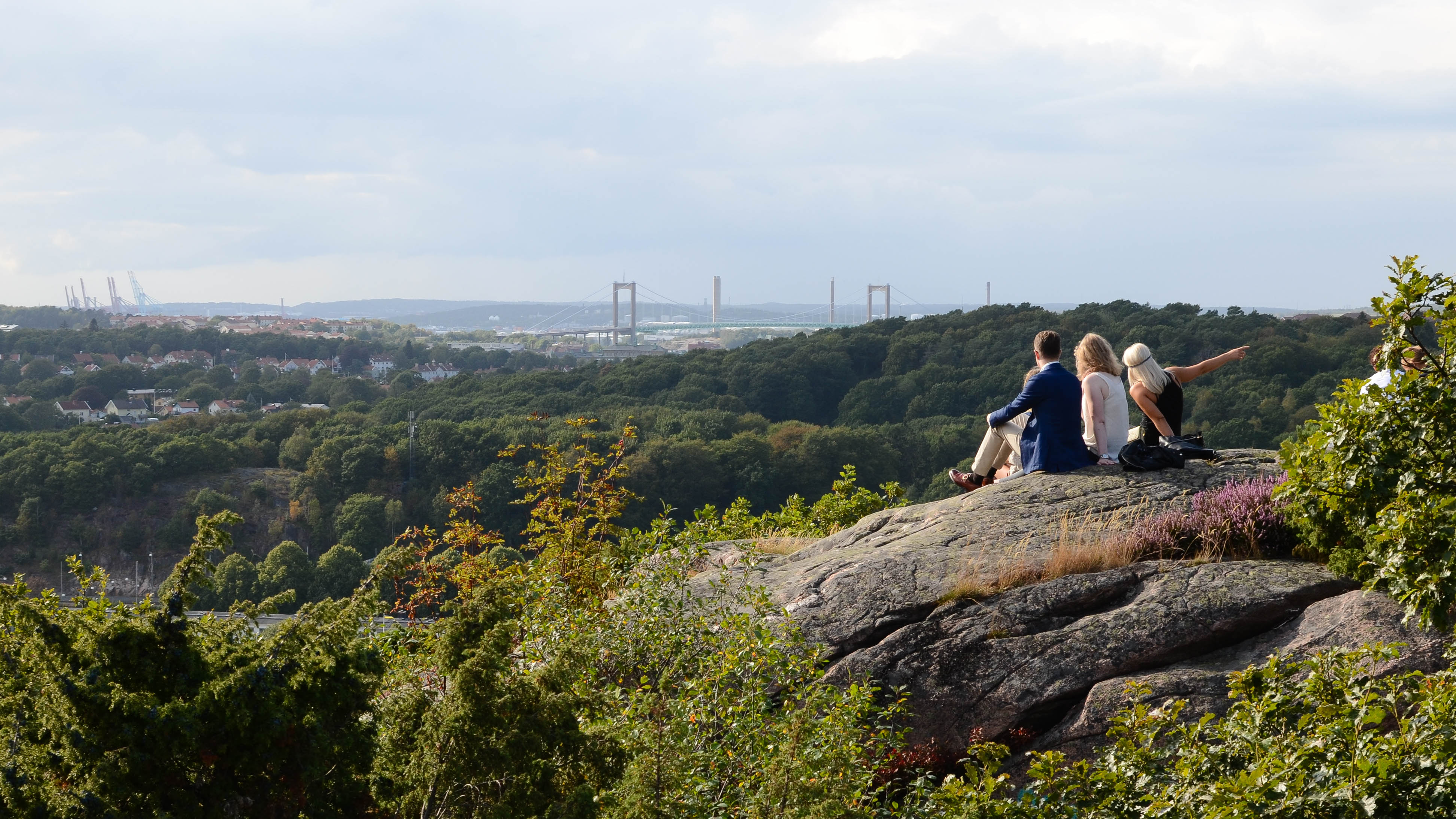 Visitors at The Botanical Gardens in Gothenburg overlooking the park from the top of Håberget mountain.