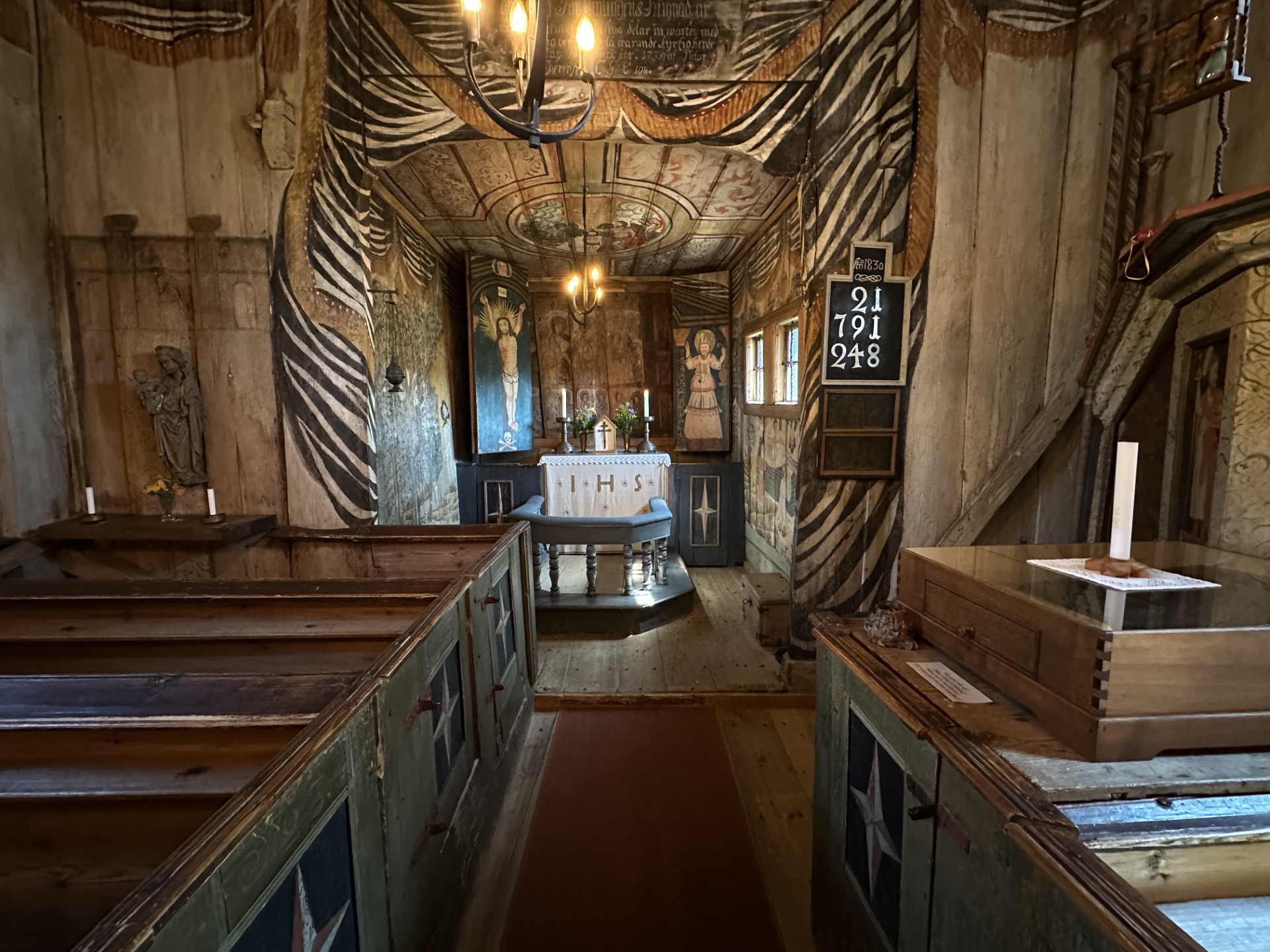The interior of a wooden church.