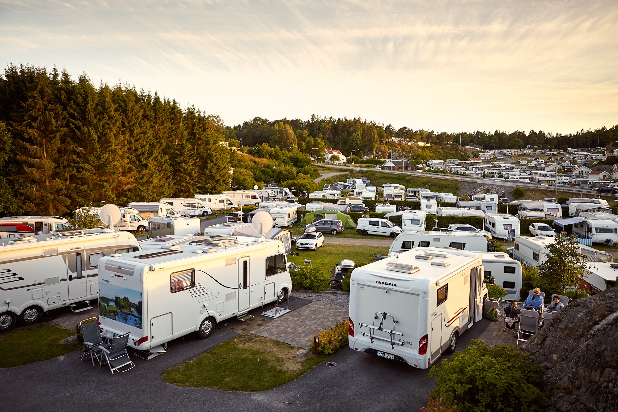 Caravans at sunset at Lagunen Camping.