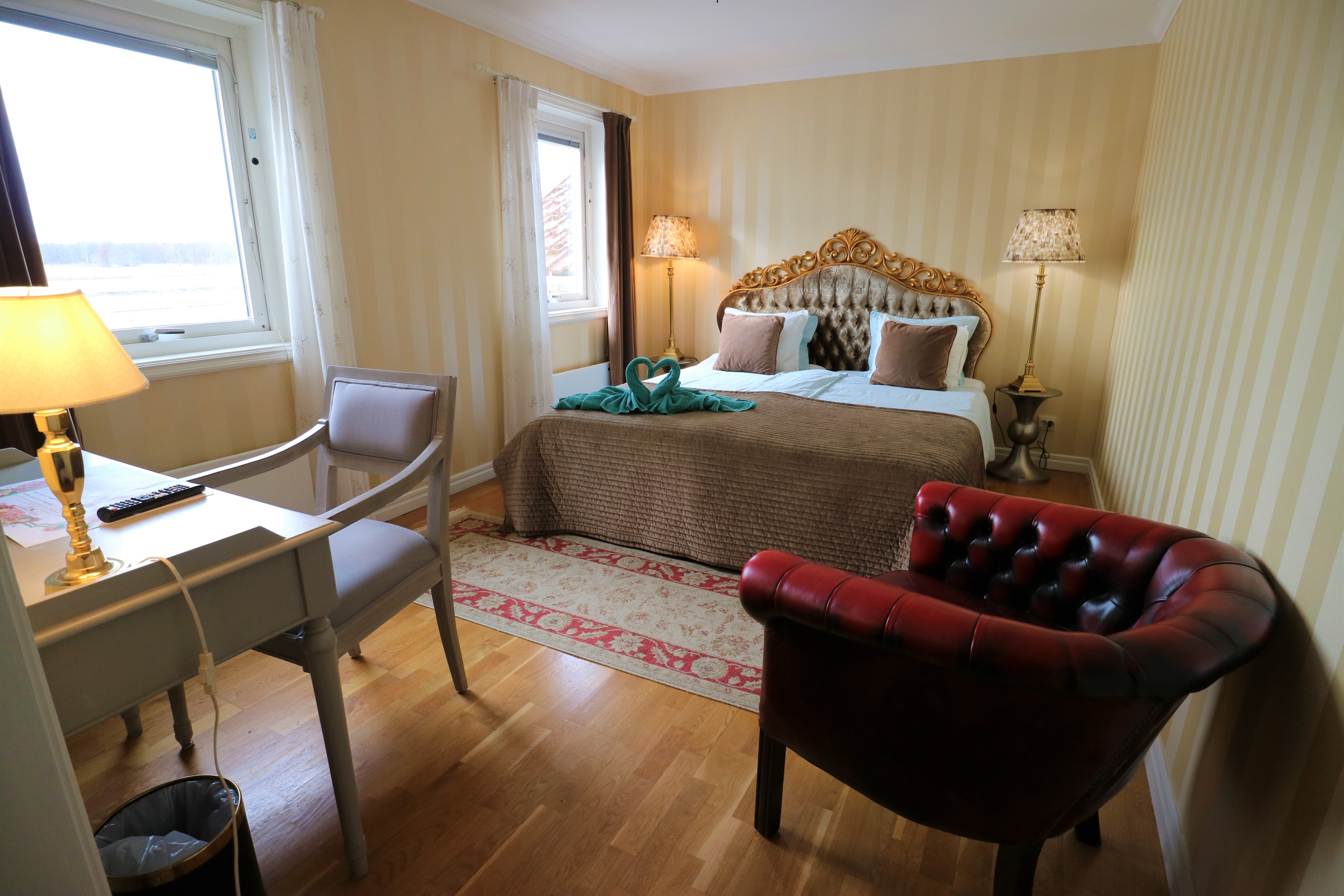 Bed in a hotel room.