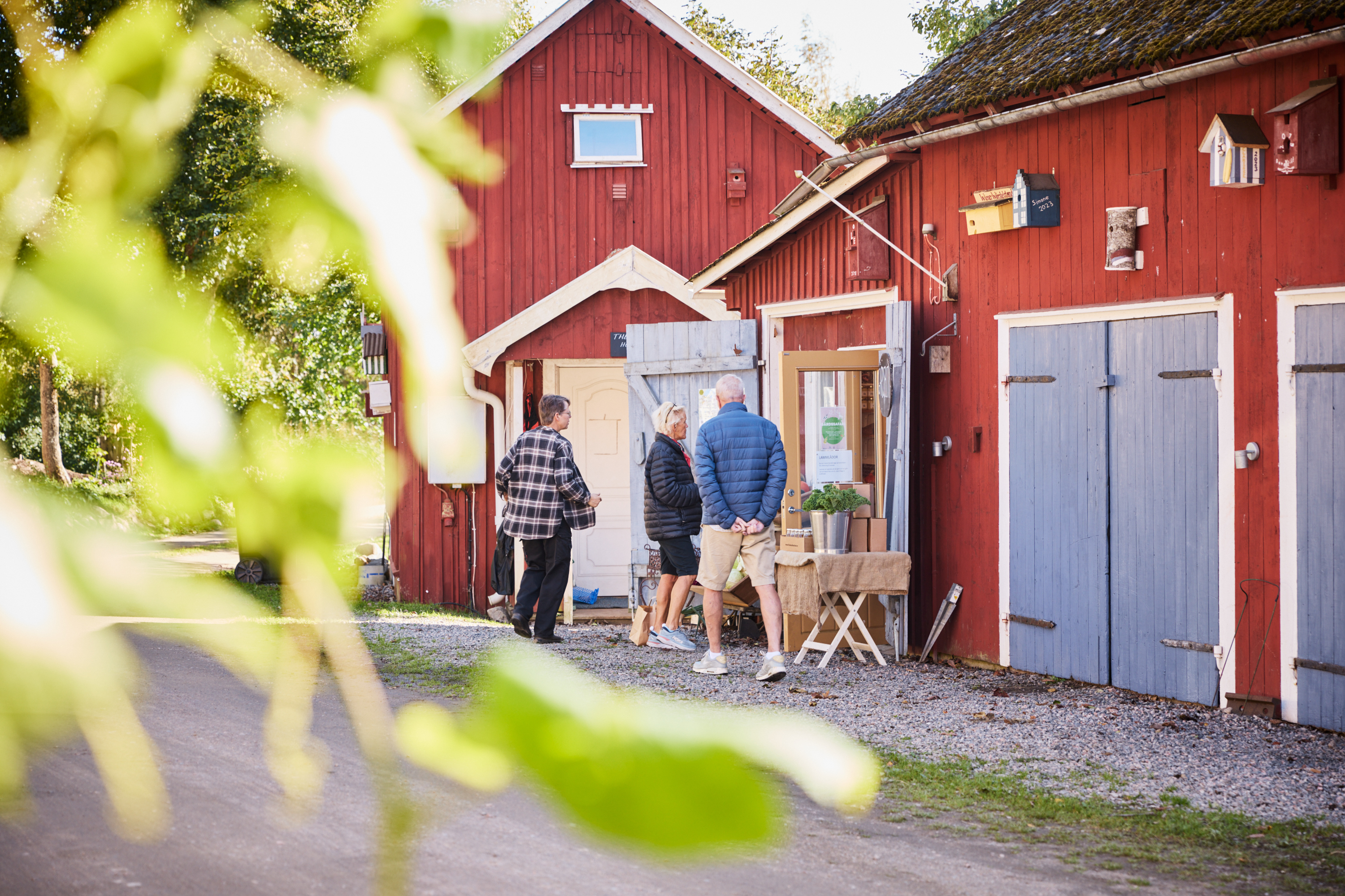 A group of people outside a barn.