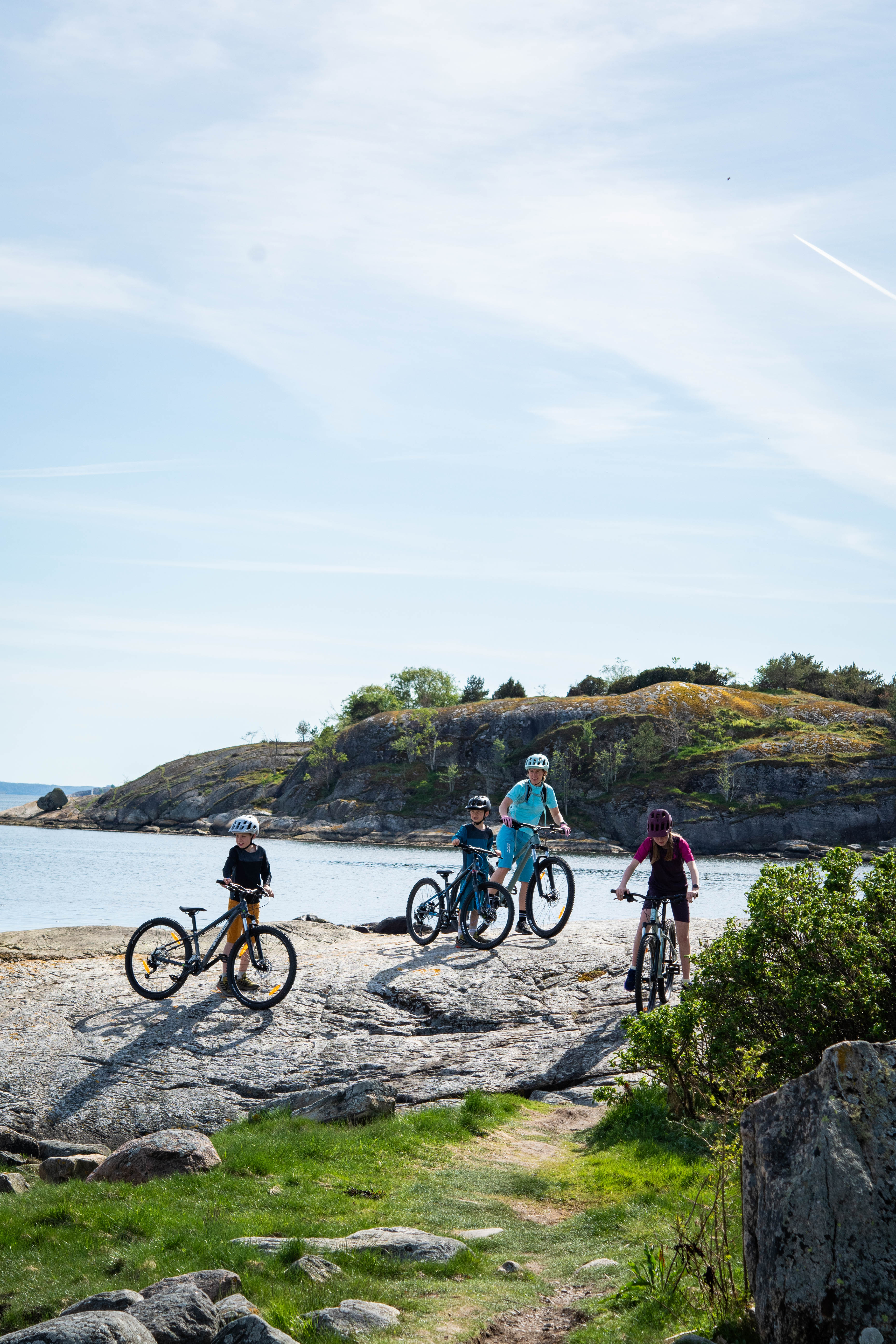 Family bikes on cliffs.