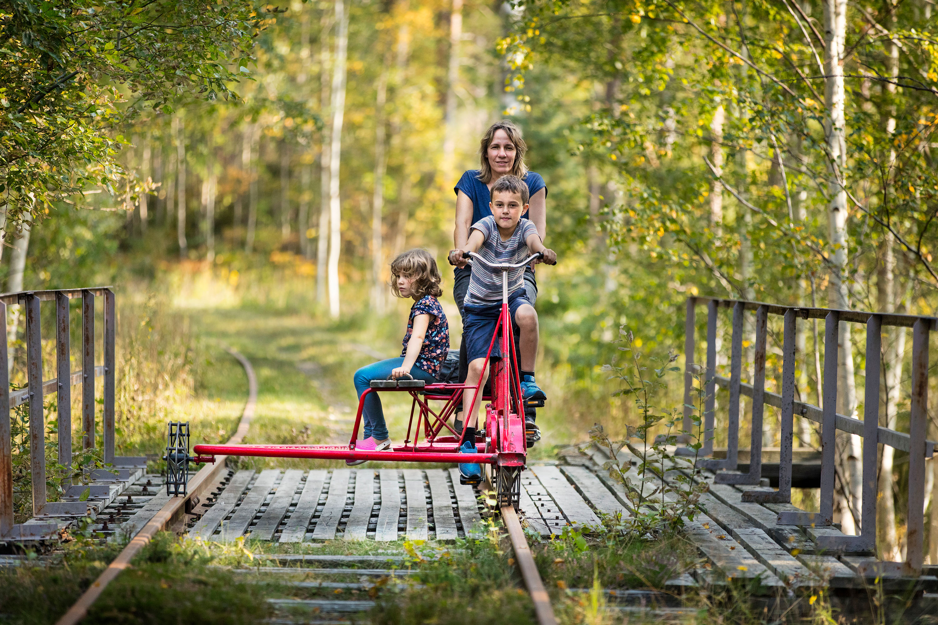 Woman and two kids on a dressin bicycle.