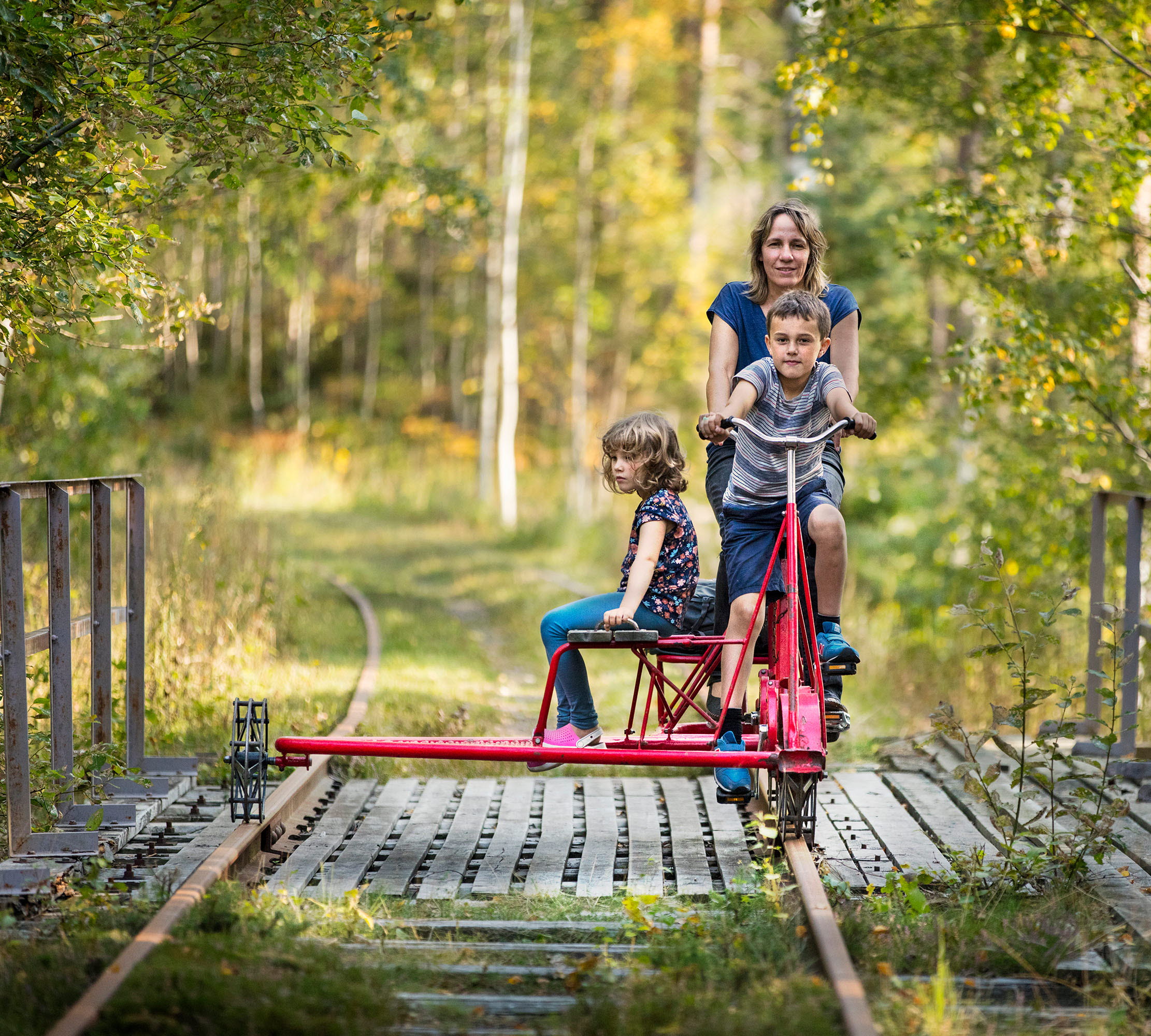 Woman and two kids on a dressin bicycle.