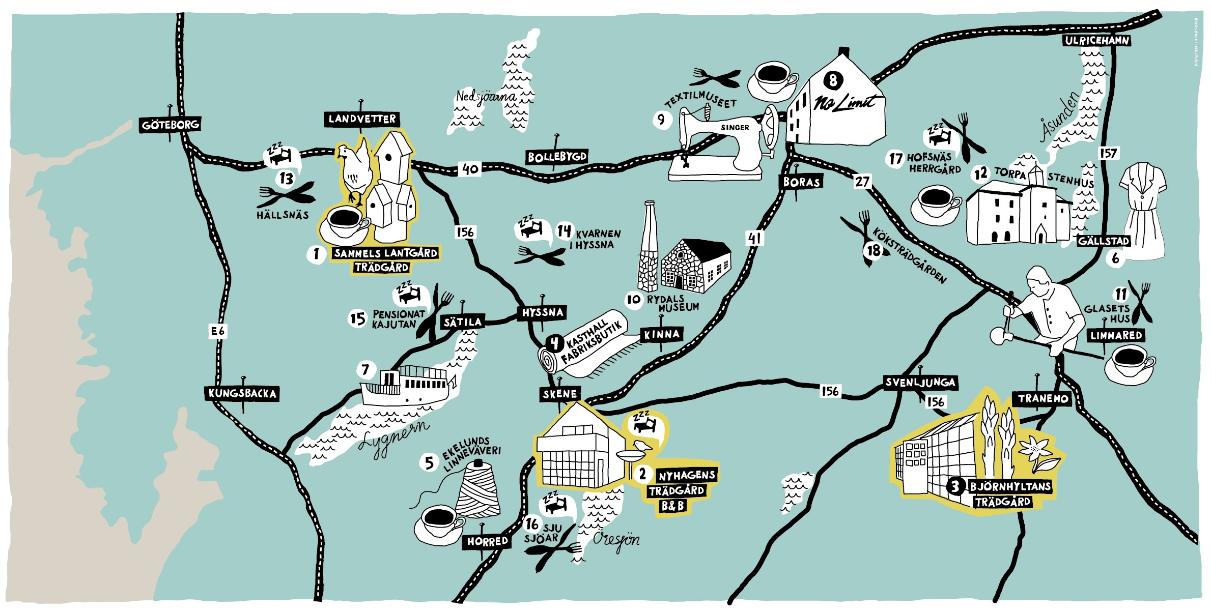 Map showing a roadtrip in West Sweden.