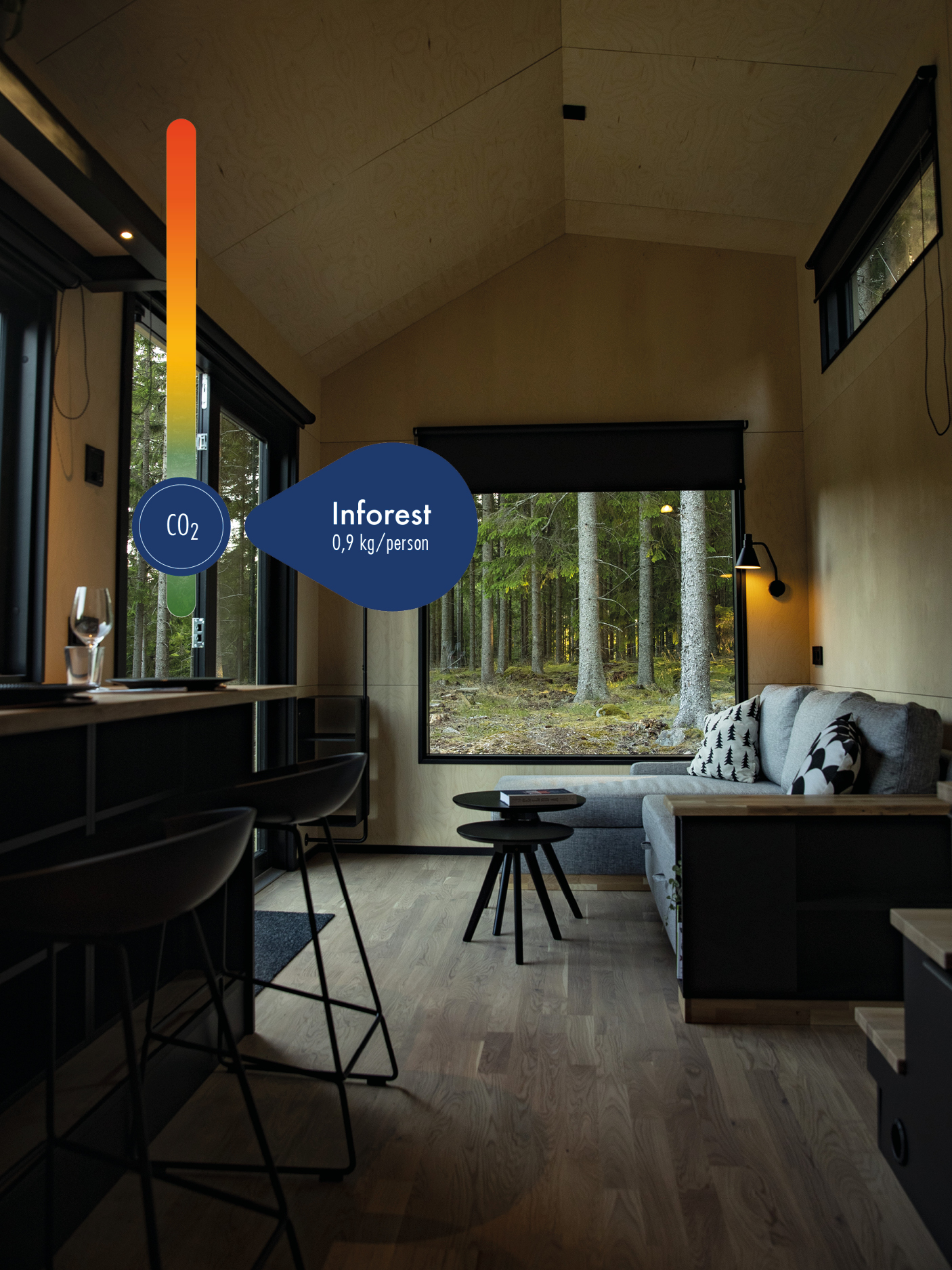 Cabin with the woods outside.