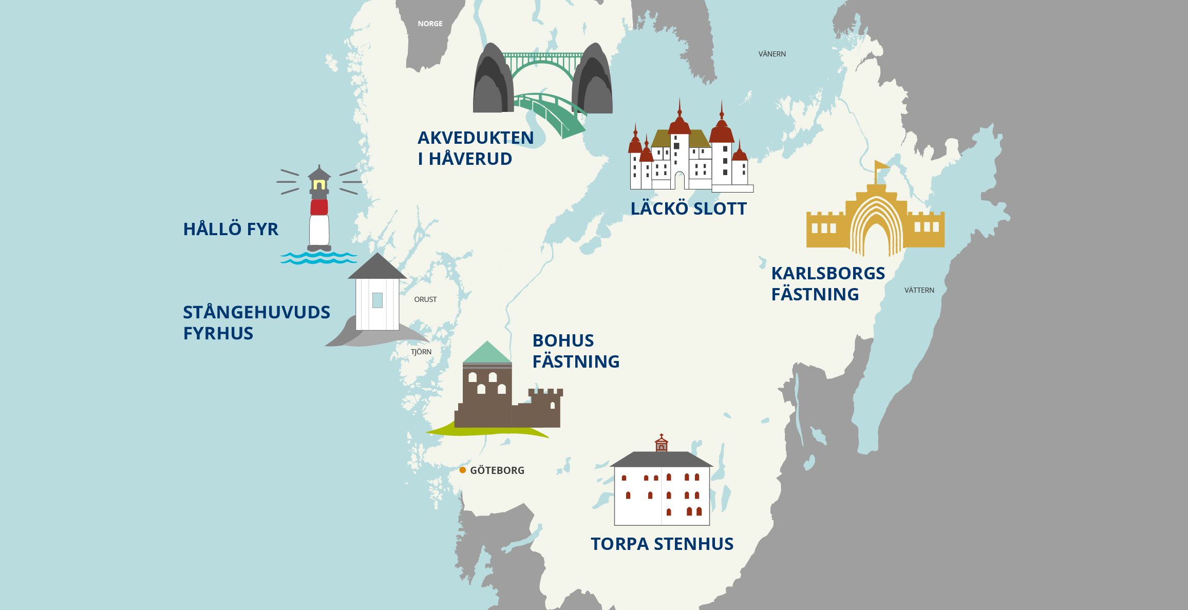 Map showing the seven wonders of West Sweden.