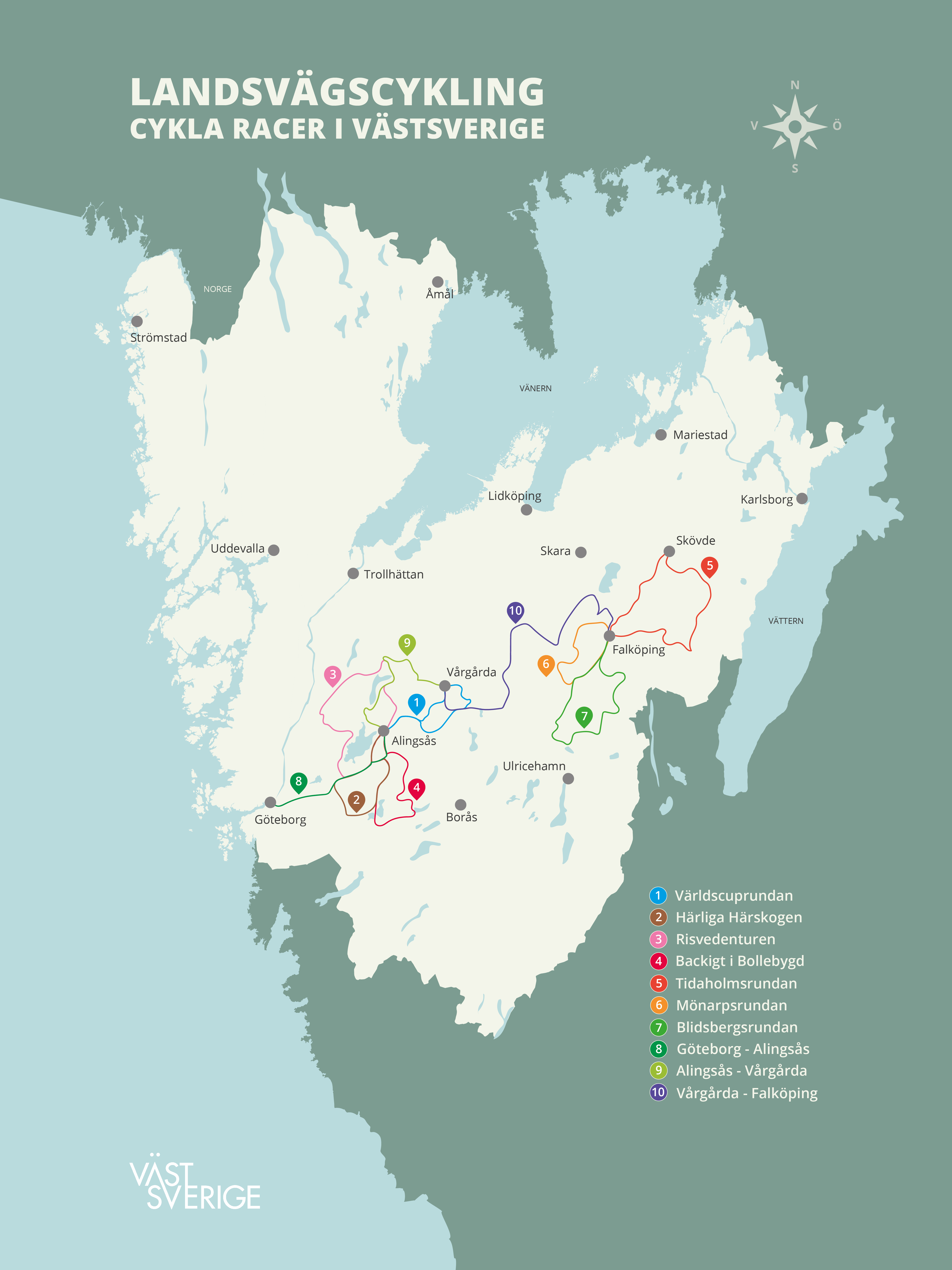 Map showing racer bike routes in West Sweden.