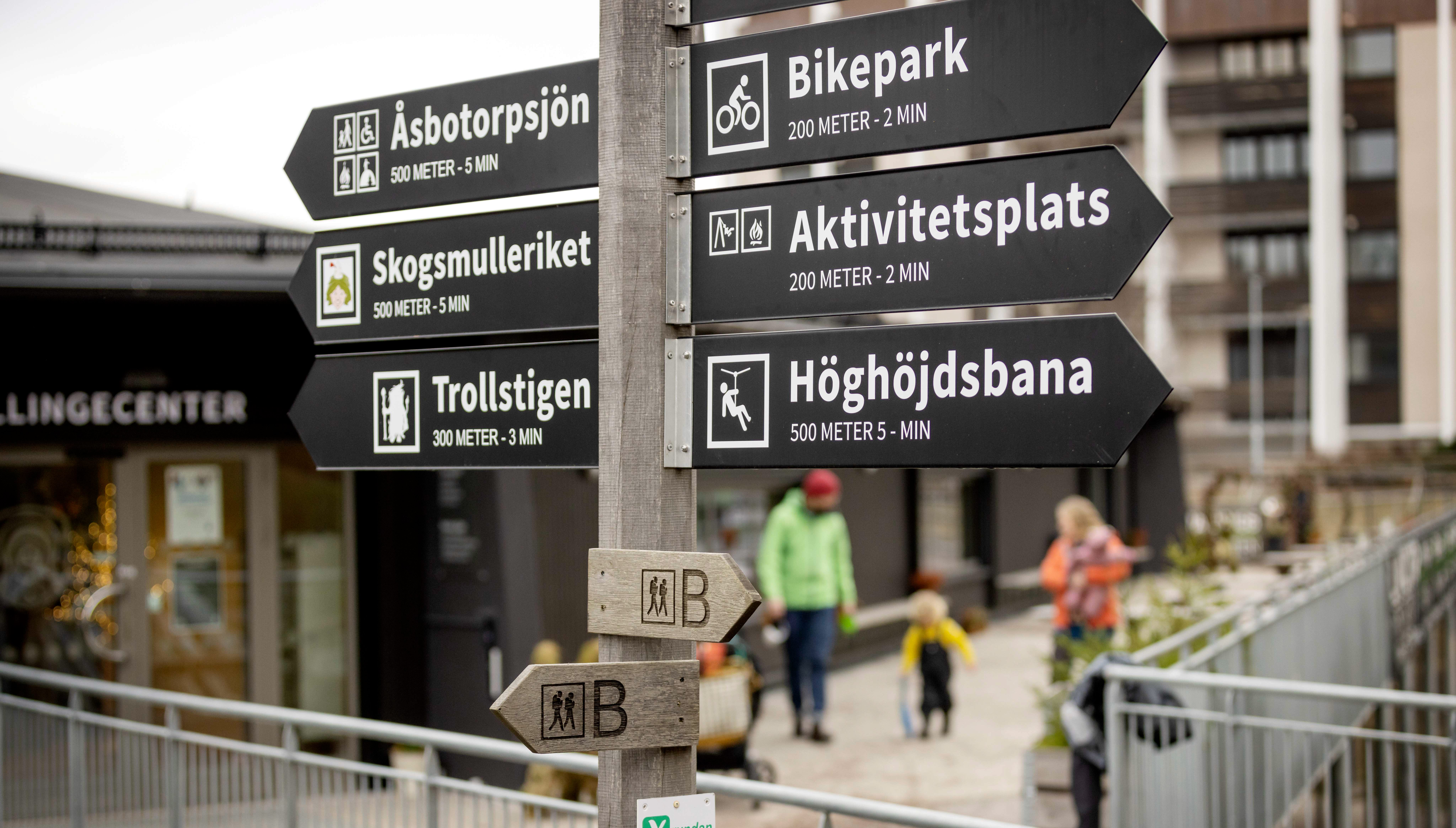 Pole with signs pointing to places and activities on Billingen Skövde