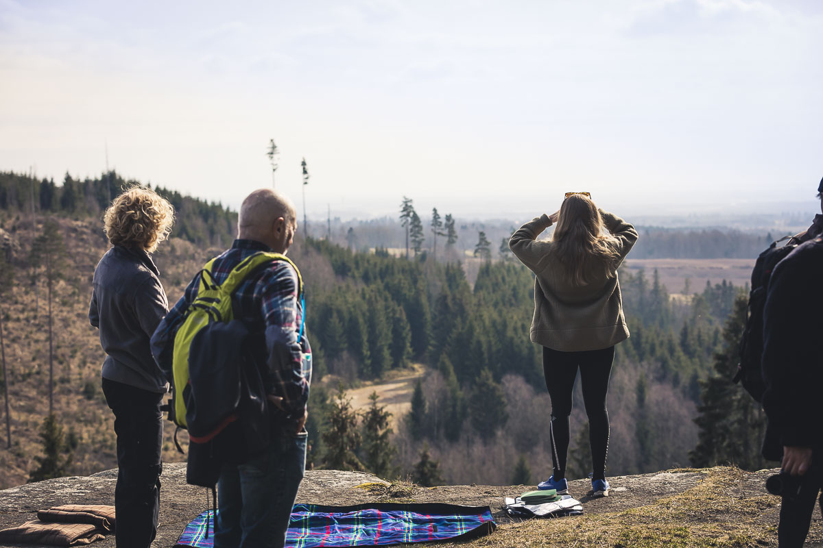 Four people standing and looking at the view at Vråhallen.