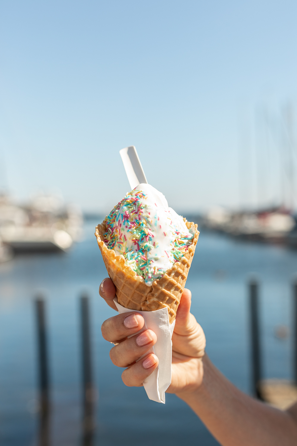 A hand is holding a soft serve ice cream cone with sprinkles on top. In the background, water is glimpsed.