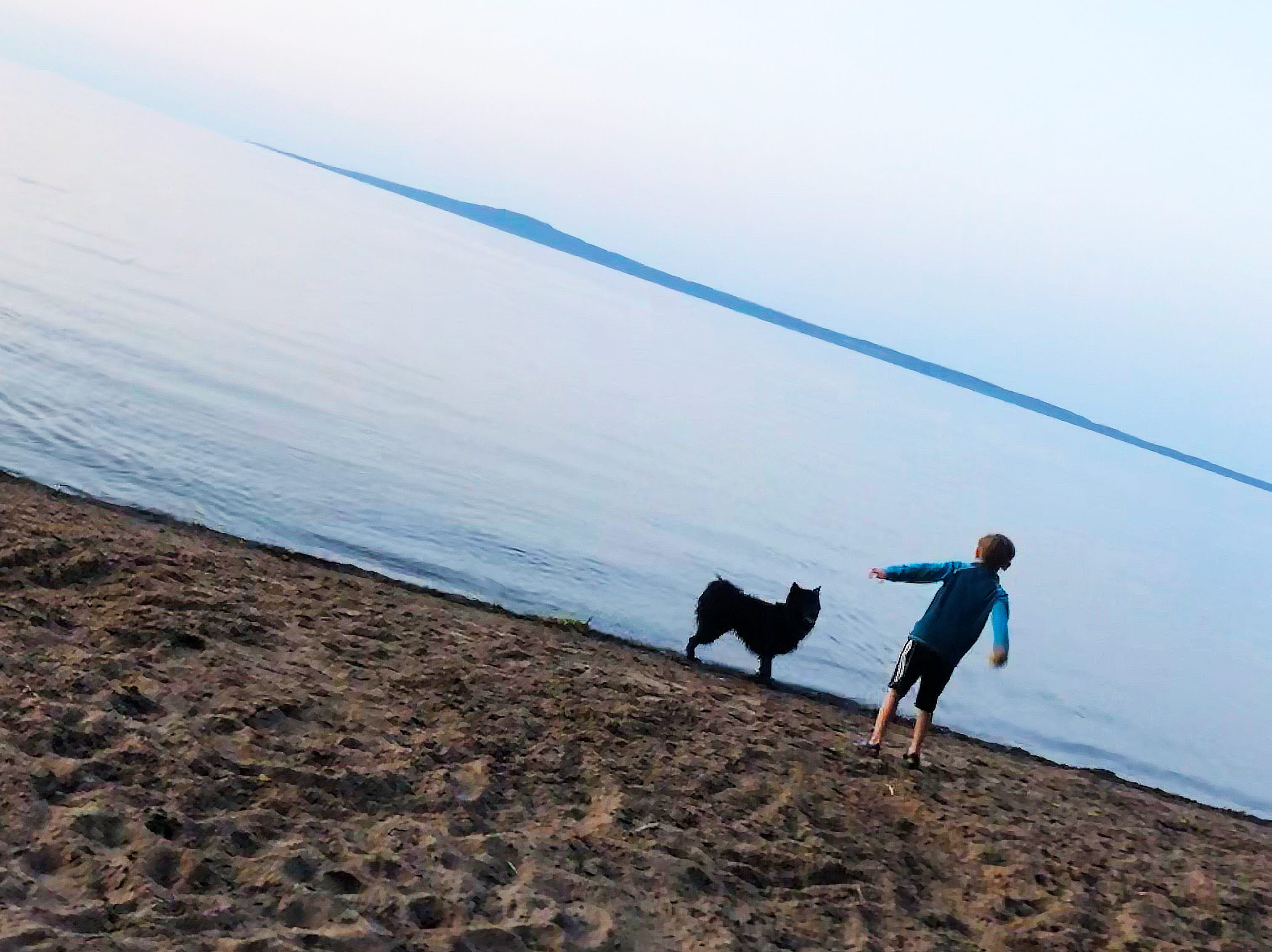 A black dog and a boy at a shore by a big lake