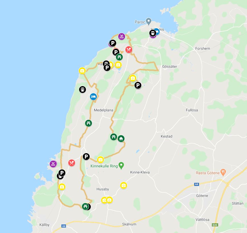 A google map with a marked hiking trail and facilities.
