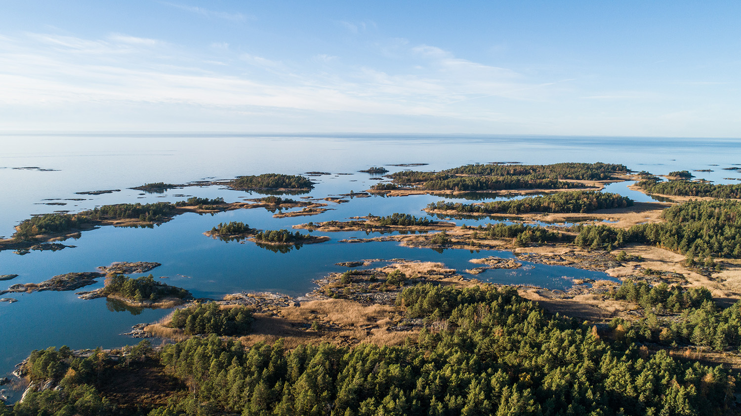 Aerial view of a lake with its archipelago.