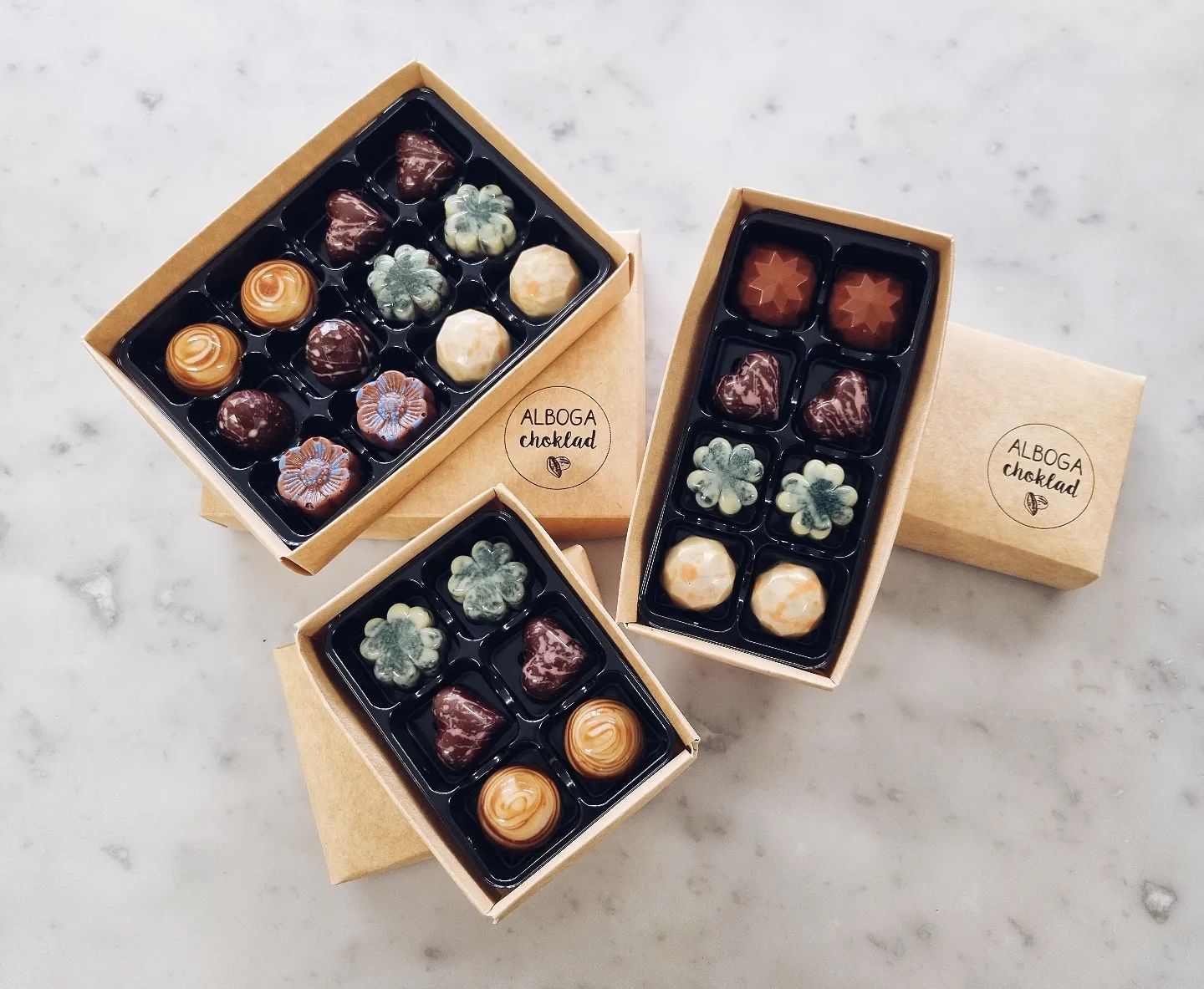 Boxes of chocolate from Alboga Choklad.