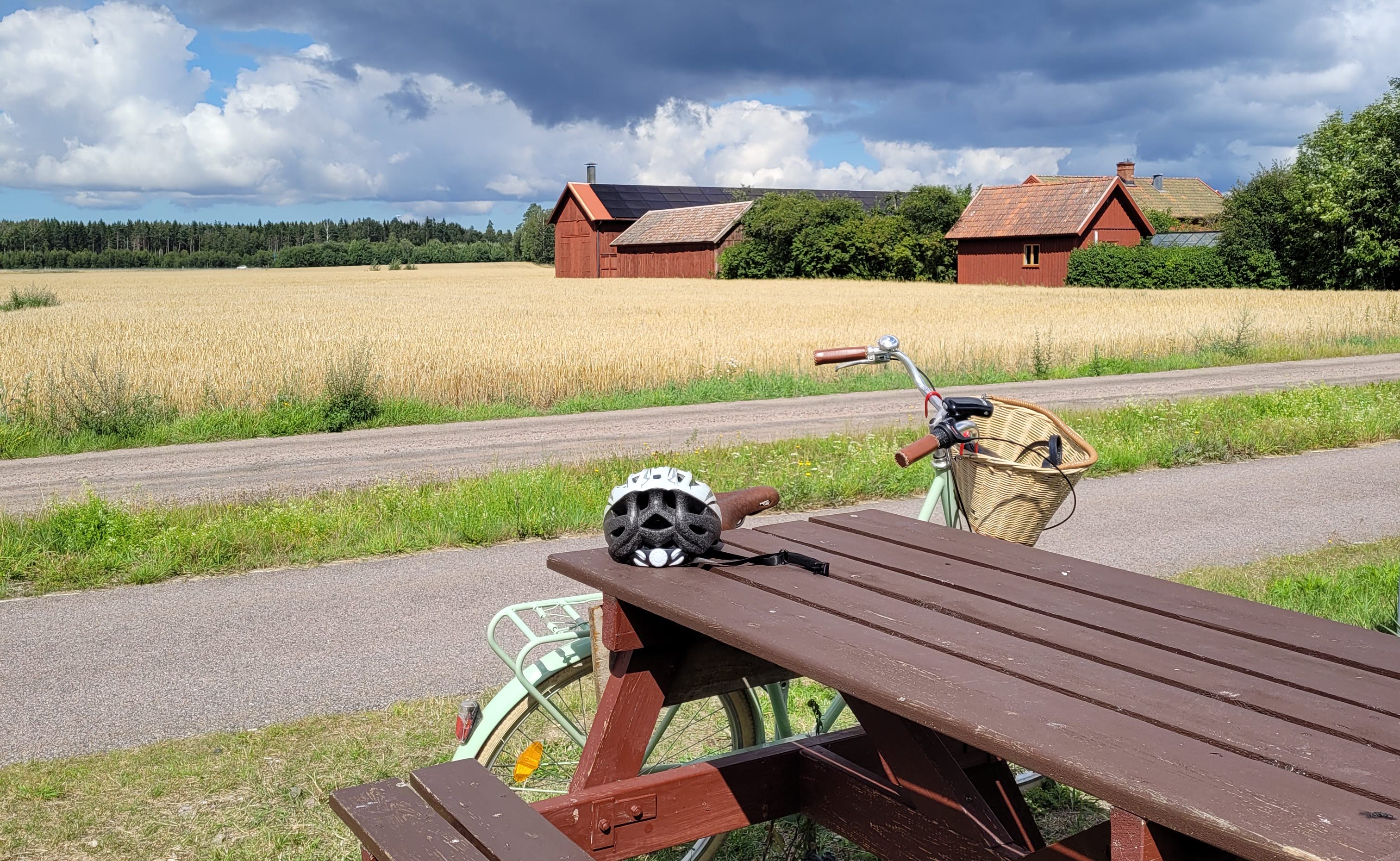 A bike is leaning towards a picnic table. In the background there is a small farm with red barns.