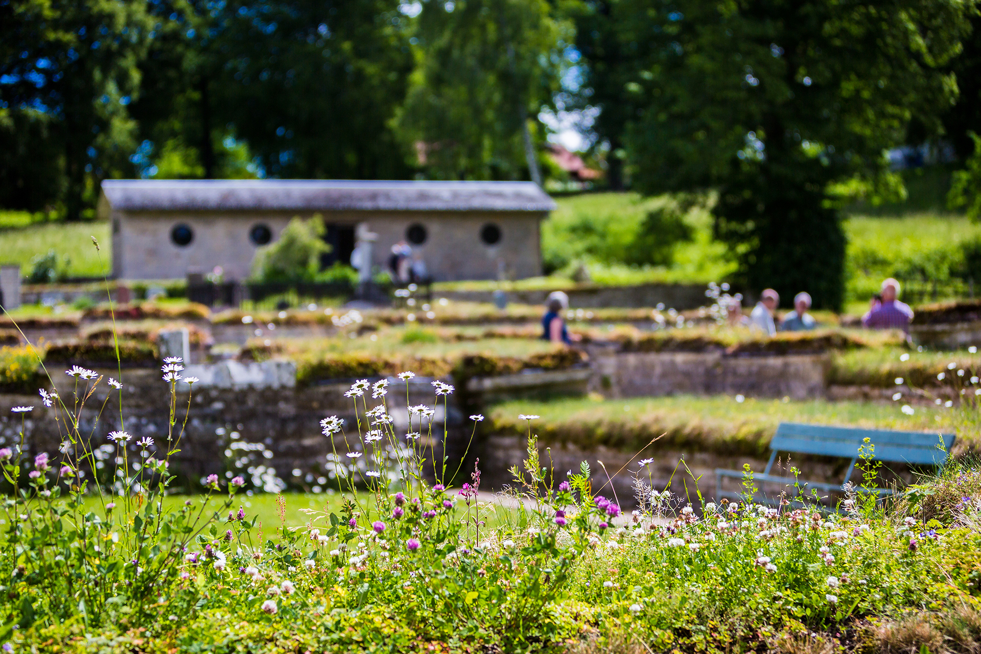 People standing outside in summertime in front of a building.