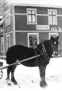 Black and white photo of a horse and a simple carriage. A man sits in the carriage. Behind them you can see a station building.