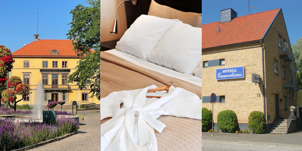 3 images in the same photo. View of Stadshotellet on the left, picture of a bed in the middle and view of Hotel Emanuelssons.