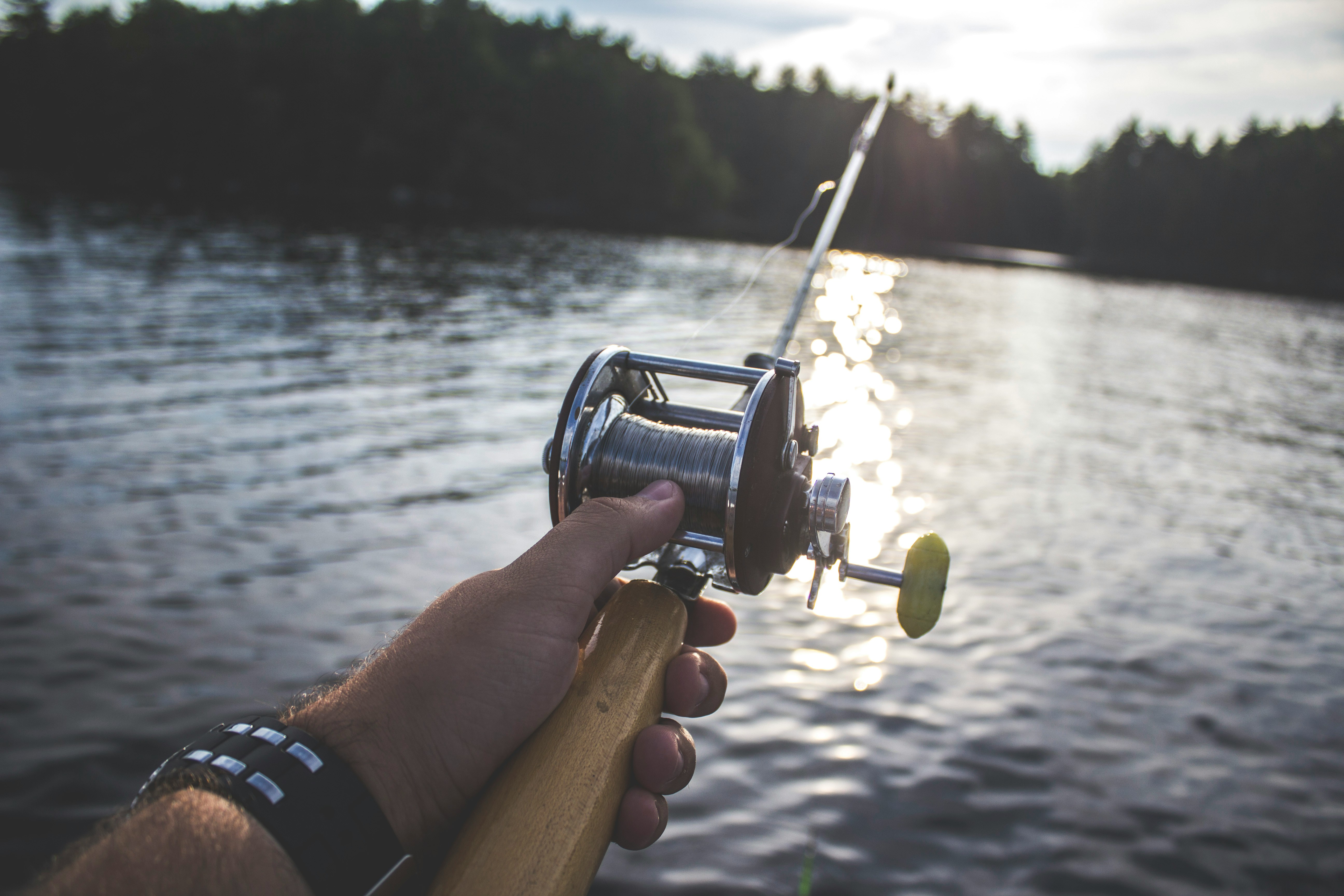 Person holding a fishing rod by a lake