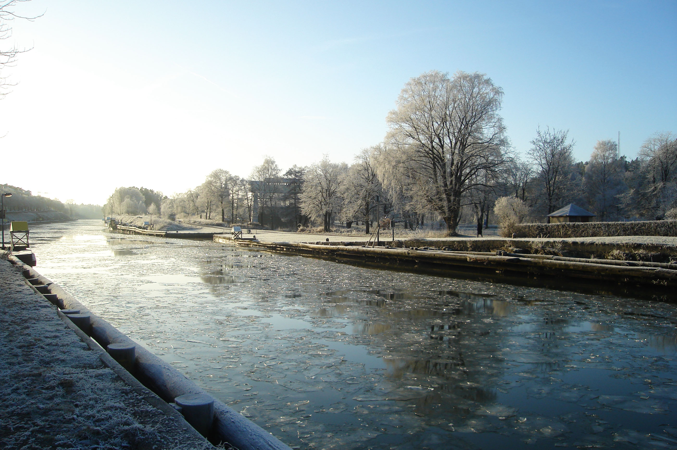 Trollhätte Canal during winter covered with ice.