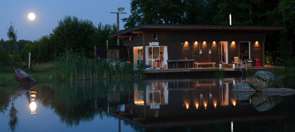 a floating house on a lake