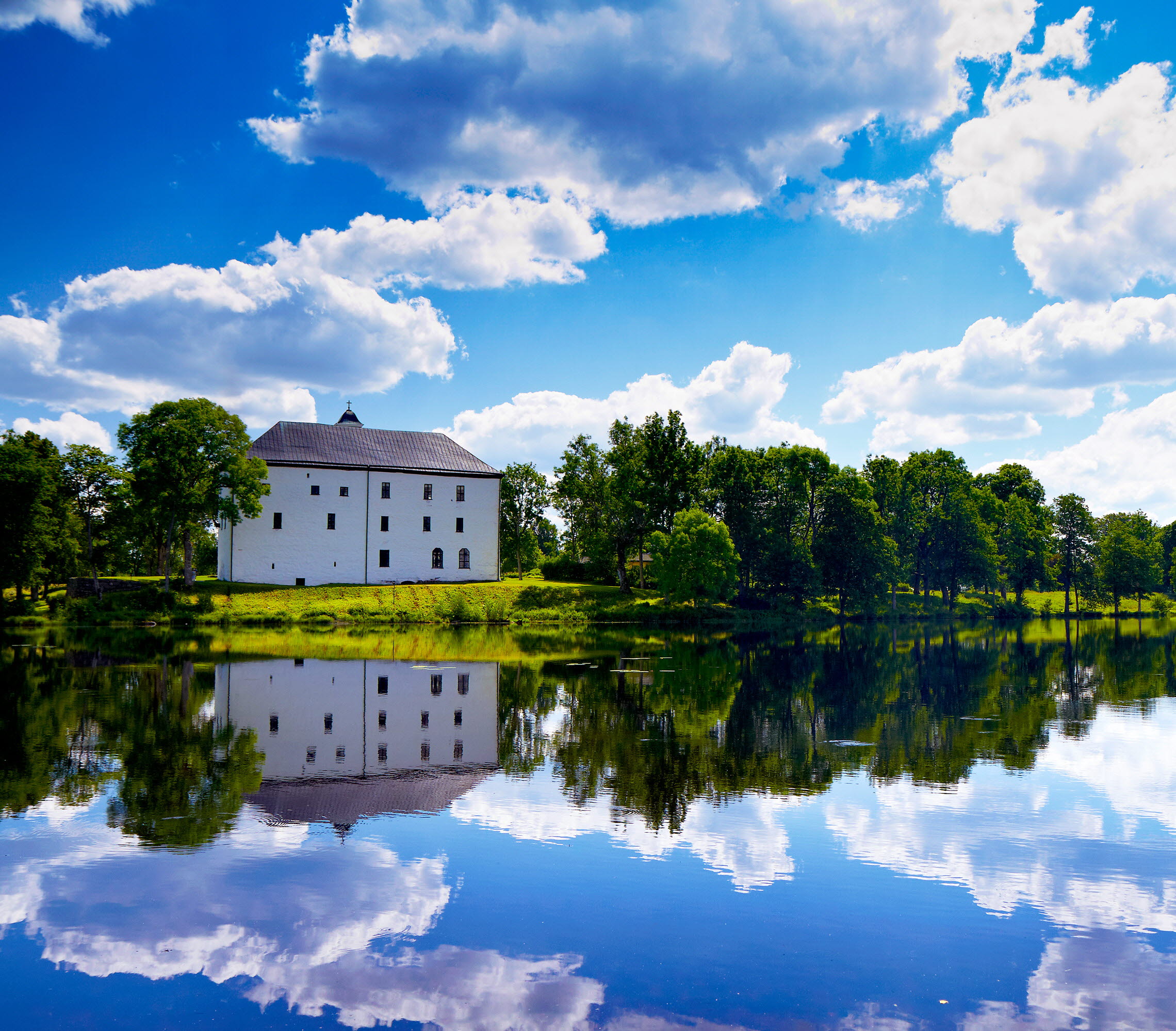 White castle with a lake infront